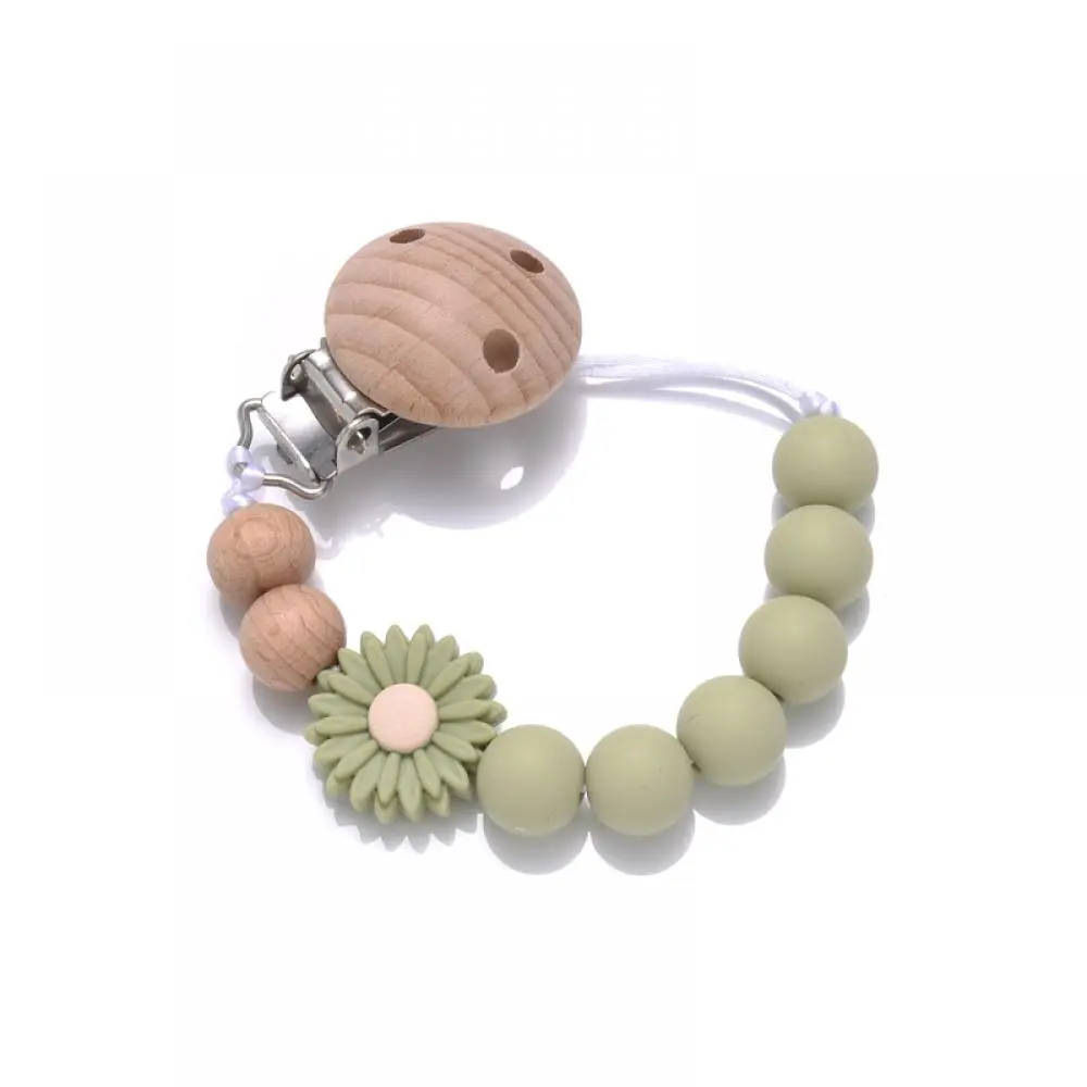 Silicone Beaded Soother Chain For Teether Nursing Toys Baby Pacifier Accessory Baby Wooden Dummy Holder Clip Handmade Flowers