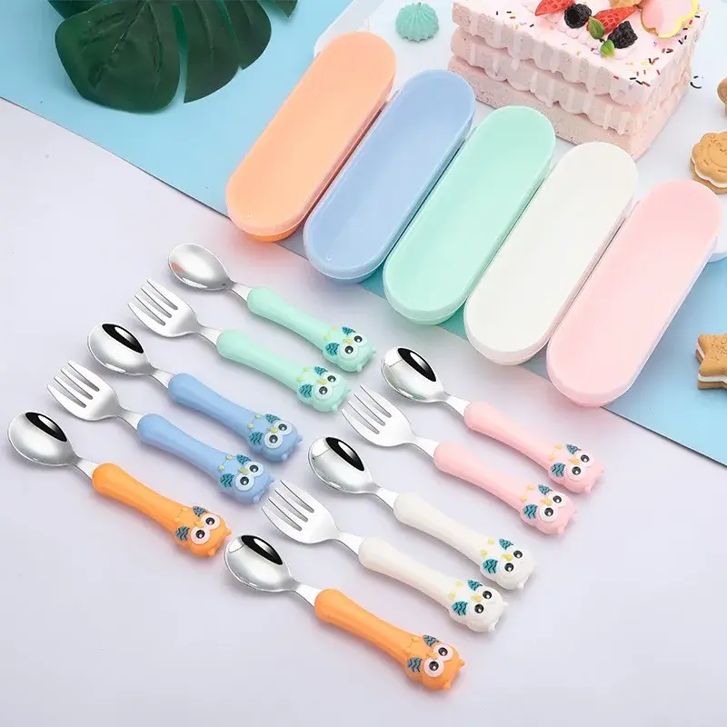 3pcs/setChildren Spoon Forks Box Kids Stainless Steel Kids Cutlery Portable Baby Feeding Utensils Baby Spoons Baby Tableware Set