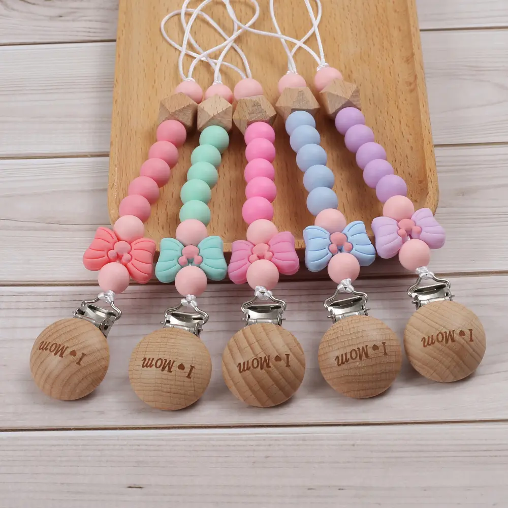 Beech Wood Round Pacifier Holder Clip Cartoon Bow Silicone Beads Teething Chain For Baby Soother Pacifier Chain Nursing Chew Toy