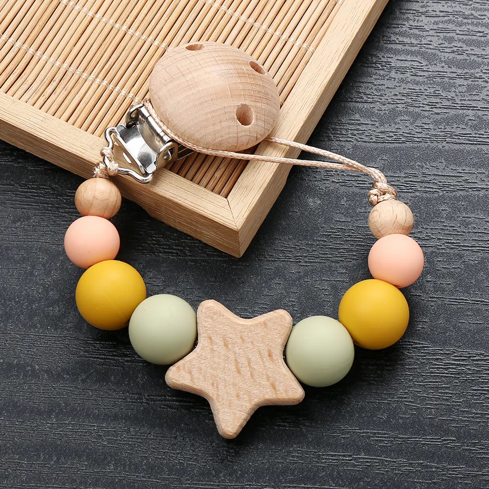 Baby Dummy Holder Clip Beech Wood Five-Pointed Star Silicone Round Beaded Pacifier Chain For Baby Teether Nursing Nipple Chain