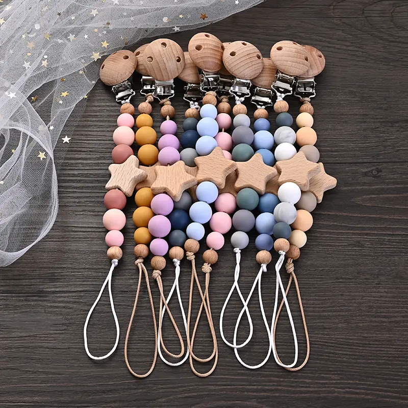 New Baby Pacifier Chain Clips Wood Pentagram Teether Silicone Round Beads Teething Chain For Care Soother Chew Toys Shower Gift