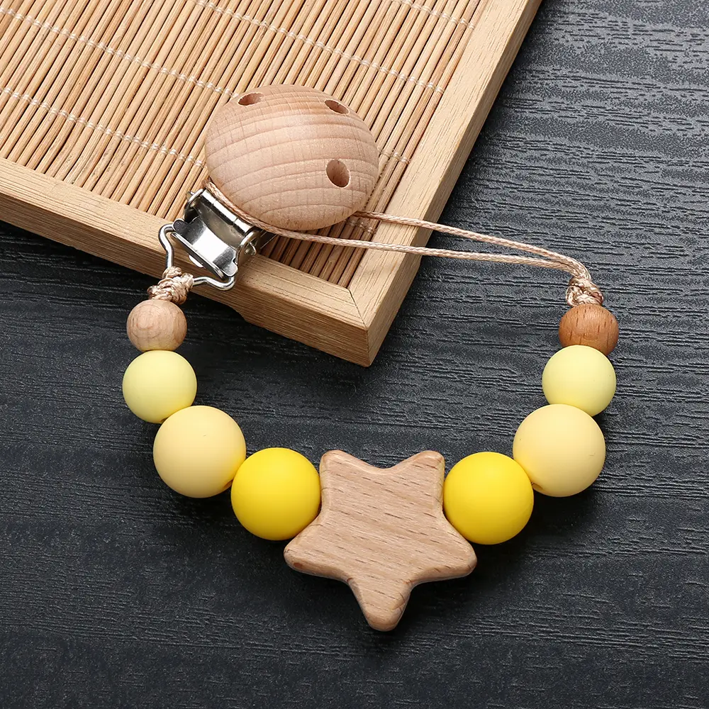 Baby Dummy Holder Clip Beech Wood Five-Pointed Star Silicone Round Beaded Pacifier Chain For Baby Teether Nursing Nipple Chain