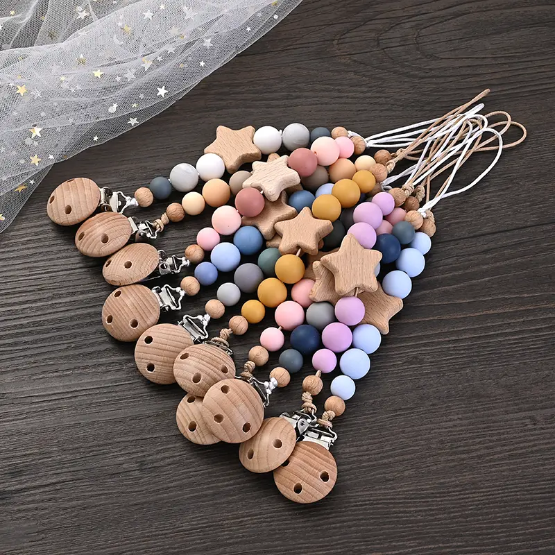 New Baby Pacifier Chain Clips Wood Pentagram Teether Silicone Round Beads Teething Chain For Care Soother Chew Toys Shower Gift