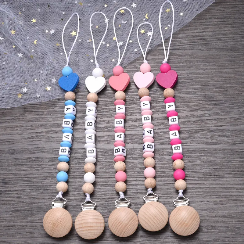 Silicone Beads Teether Teething Chain Anti-Drop Nipple Chain Baby Beech Wood Pacifier Clip Nursing Chew Toy
