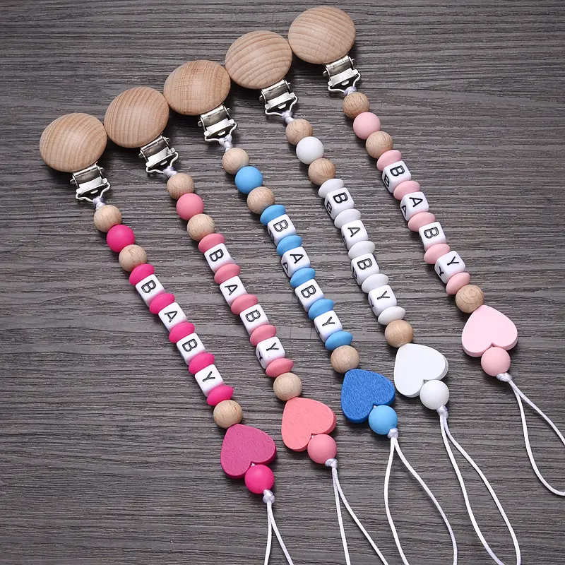 Silicone Beads Teether Teething Chain Anti-Drop Nipple Chain Baby Beech Wood Pacifier Clip Nursing Chew Toy