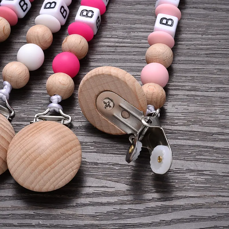Silicone Beads Teether Teething Chain Anti-Drop Nipple Chain Baby Beech Wood Pacifier Clip Nursing Chew Toy