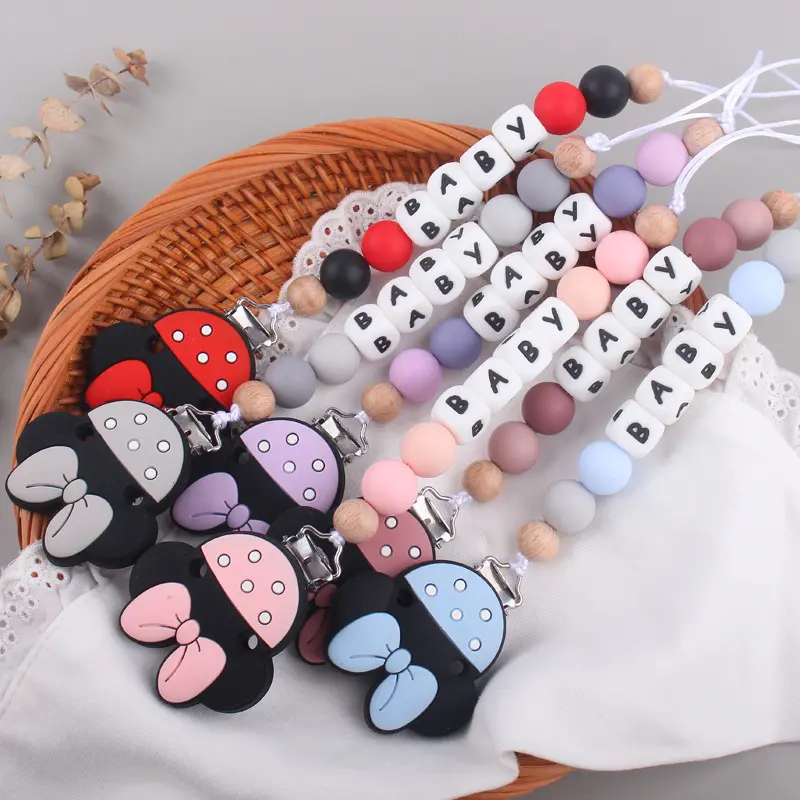 New Pacifier Chain English Letters Silicone Clips Mouse Teether Holder Soother Baby Teething Toy Chew Gift No-Custom Personalize