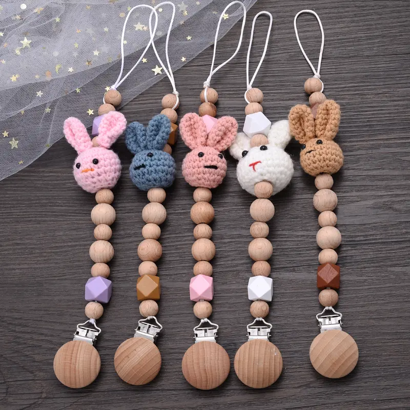 Baby Cartoon Animal Beech Teether Pacifier Chain Handmade Wood Teether Chain Pacifier Clips Nipple Clip Teething Chew Toys
