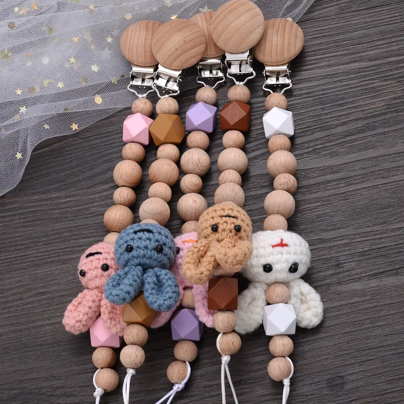 Baby Cartoon Animal Beech Teether Pacifier Chain Handmade Wood Teether Chain Pacifier Clips Nipple Clip Teething Chew Toys