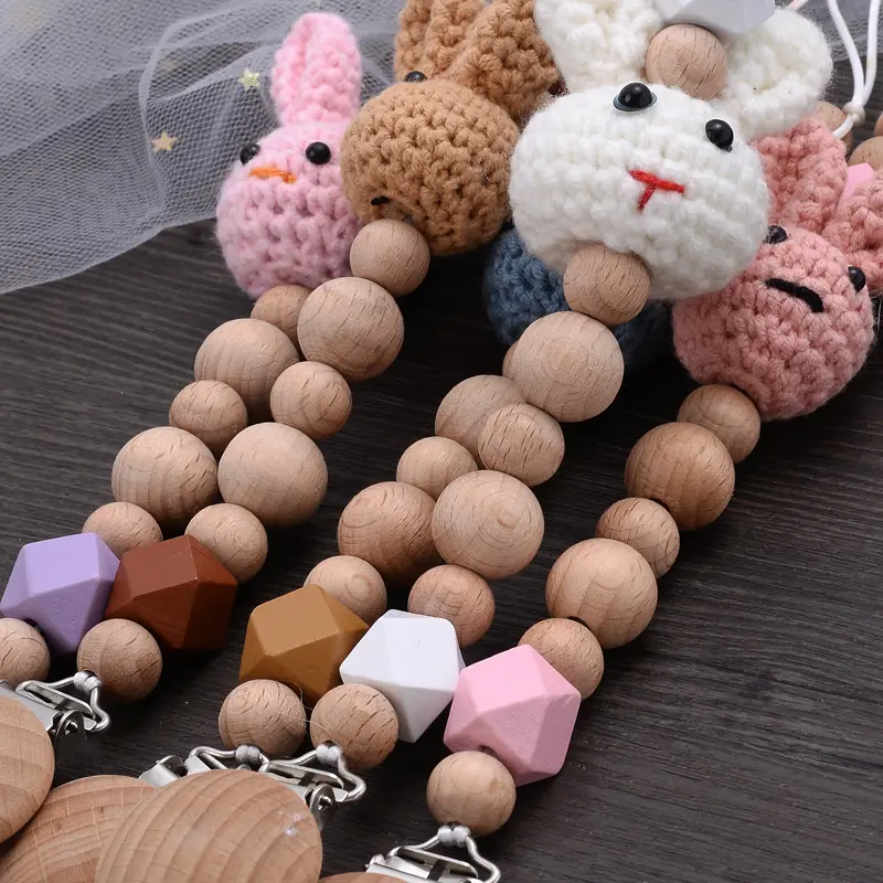 Baby Cartoon Animal Beech Teether Pacifier Chain Handmade Wood Teether Chain Pacifier Clips Nipple Clip Teething Chew Toys