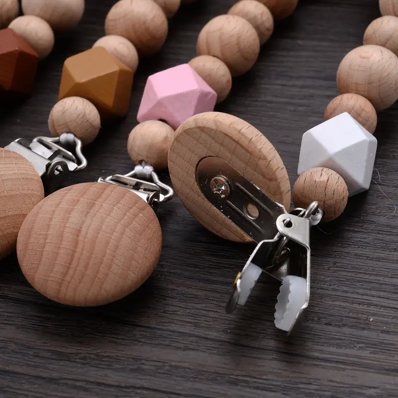 Baby Cartoon Animal Beech Teether Pacifier Chain Handmade Wood Teether Chain Pacifier Clips Nipple Clip Teething Chew Toys