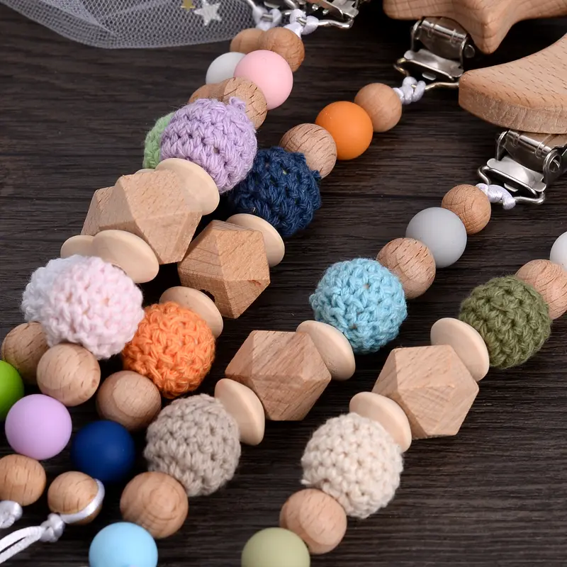 Baby Wooden Pacifier Clip Bracelet Set For Anti-Dorp Baby Soother Dummy Holder Chain Nursing Teether Chew Toys Shower Gifts