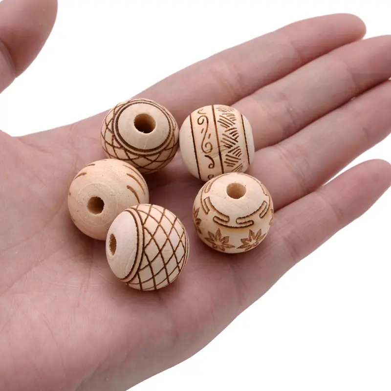 18mm 10Pcs Natural Hemu Carved Wooden Round Loose Beads Fashion Crafts Kid Toys Jewelry Bracelet Teether Beads Accessories