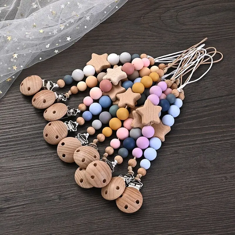 New Baby Pacifier Chain Clips Wood Pentagram Teether Silicone Round Beads Teething Chain For Care Soother Chew Toys Shower Gift