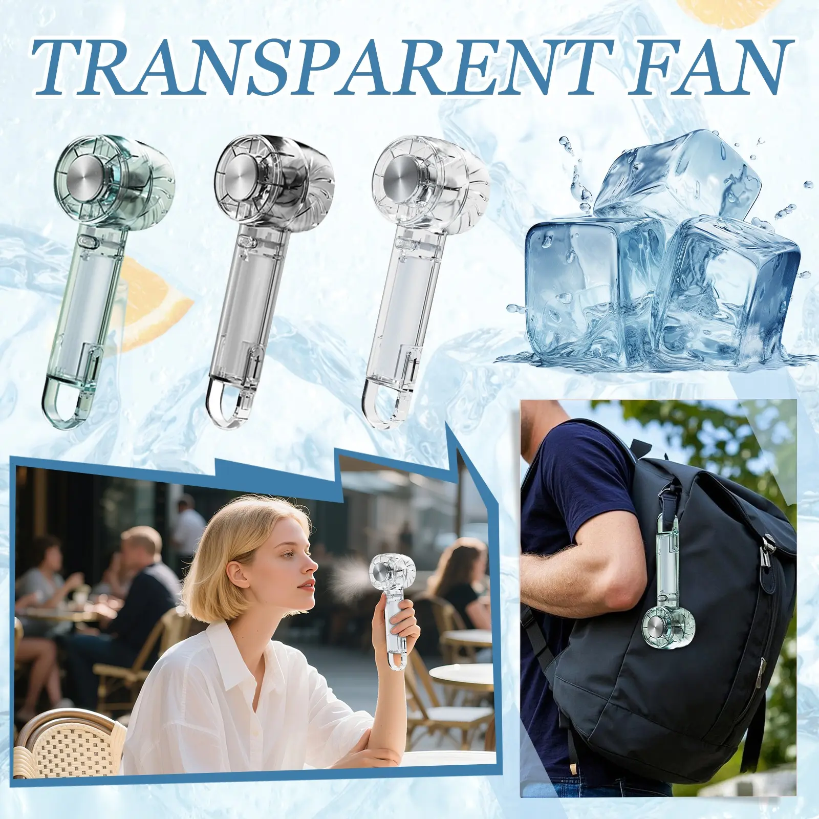 New Transparent Portable Handheld Turbo Fan Rechargeable Cooling Handheld Fans 3 Speeds Adjustment for Travel Outdoor Trip Beach