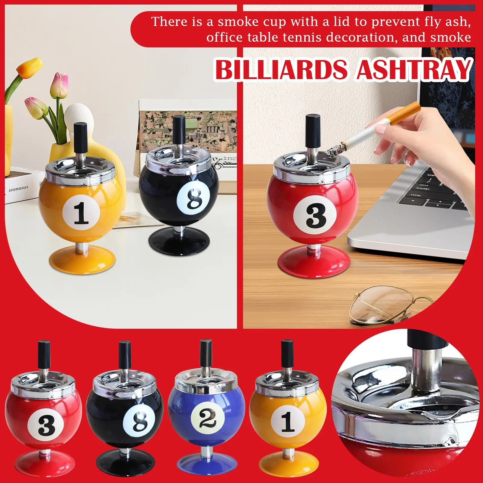 Ashtray Billiard Ashtray with Lid Windproof Automatic Extinguishing Decorative Ashtray for Home Restaurant KTV Bar Cigar Ashtray