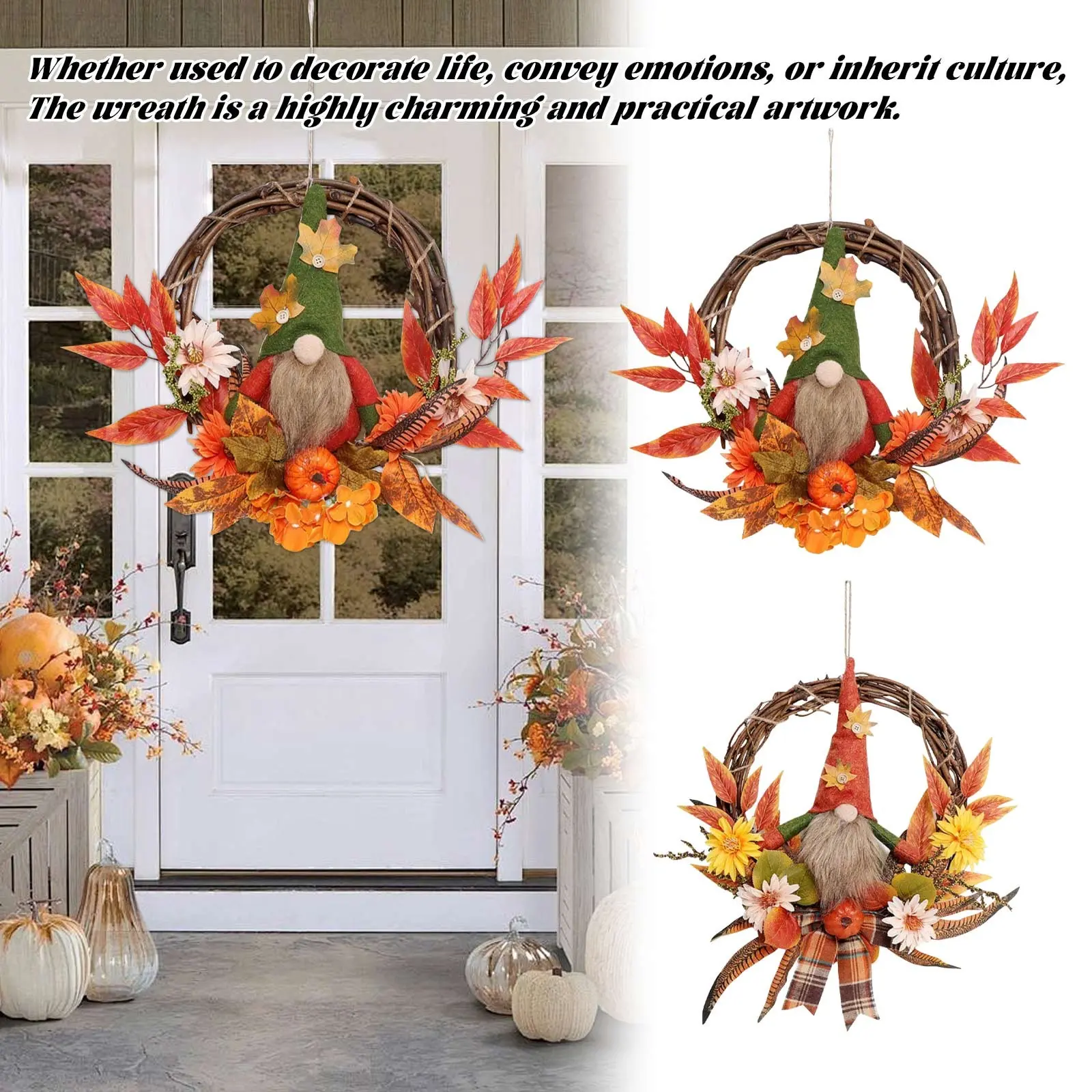 Autumn And Winter 2024 Thanksgiving Harvest Lamp Decoration Maple Leaf Faceless Old Man Doll Vine Wreath Garland Decoration