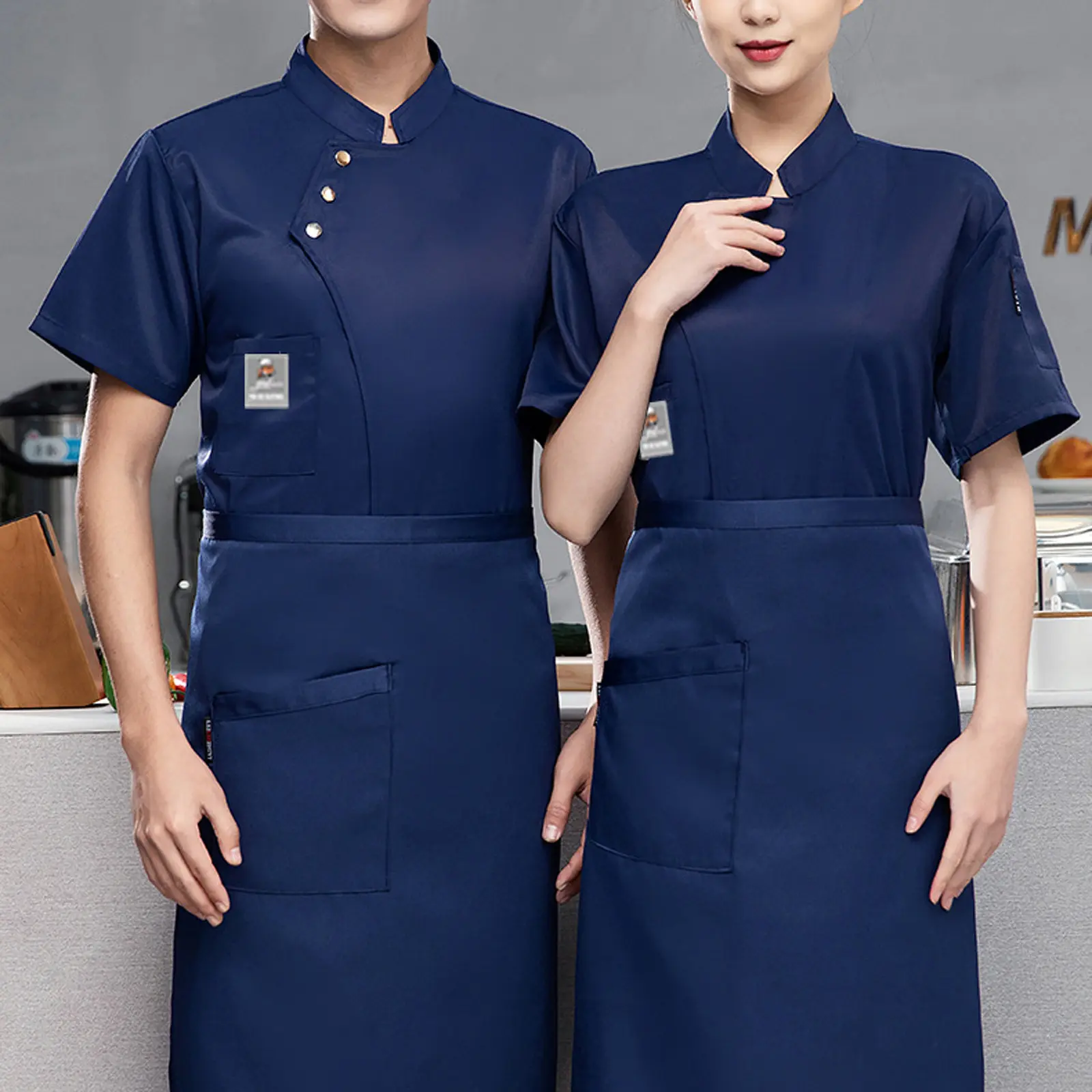 Chef Uniform Short Sleeve Restaurant Chef Kitchen Work Uniforms Solid Stand Collar Single-Breasted Catering Service Uniforms