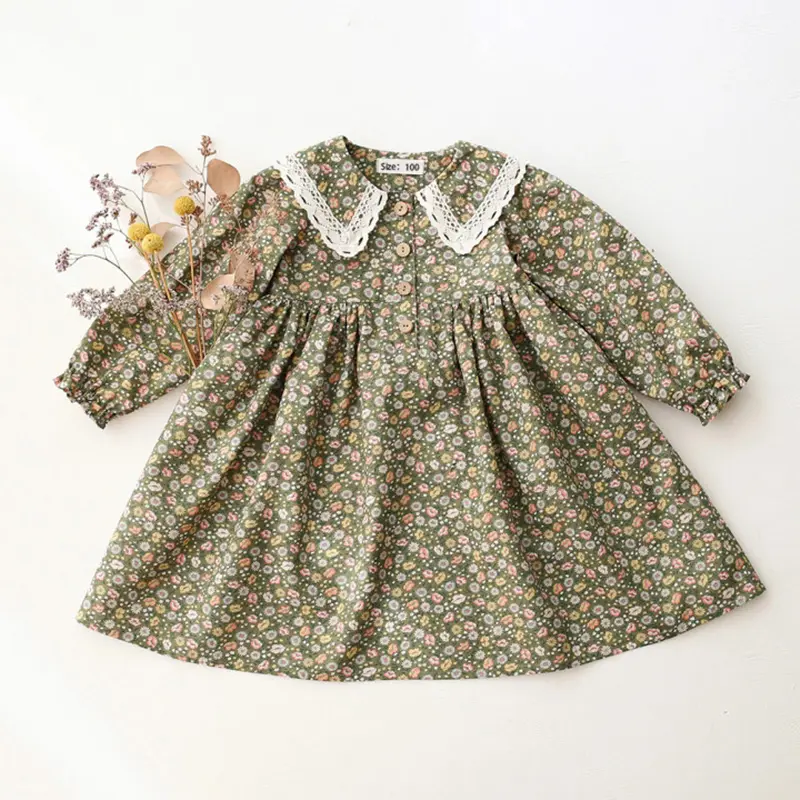 New Spring Summer Children Girl Clothes Cotton Floral Long Sleeve Dress for Girls Casual Kids Dress