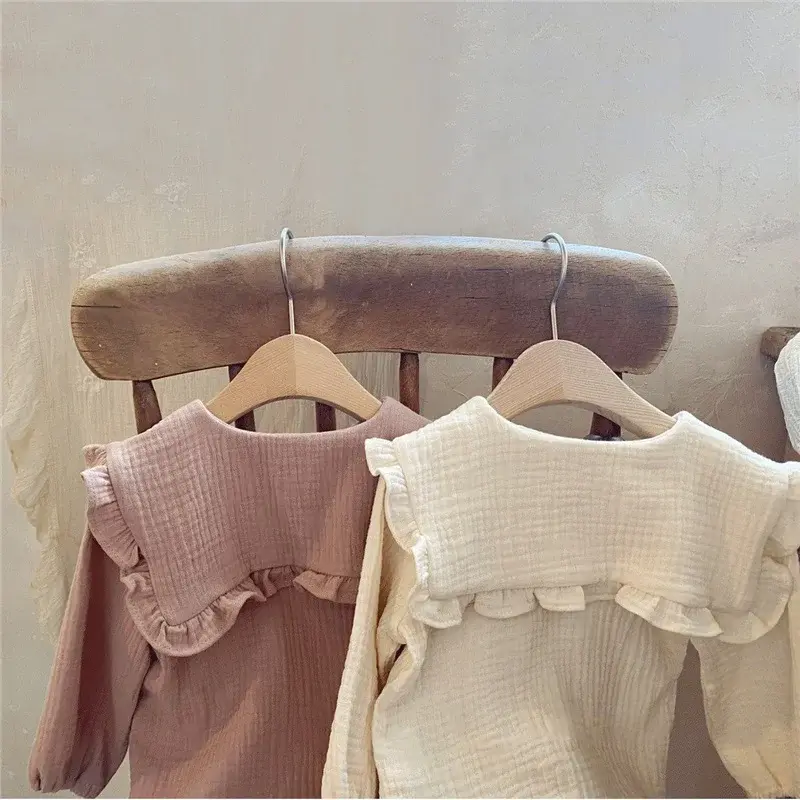 2pcs Newborn Baby Girls Clothes Organic Cotton Ruffled Collar Lapel Long Sleeve Shirt Top + Bread Pants Korean Casual Clothing