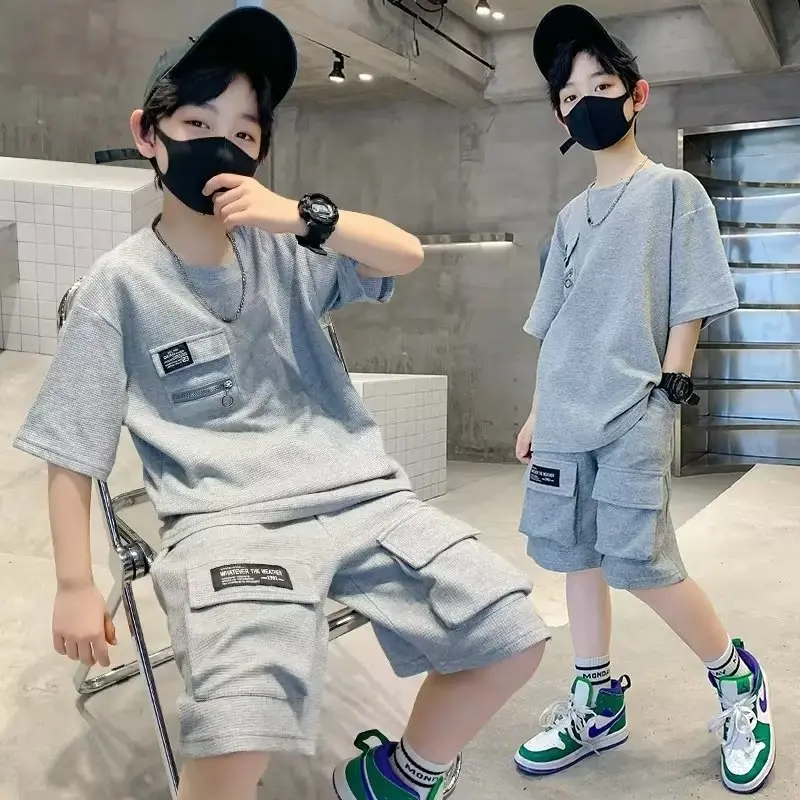 Summer Boys Sets Kids Sports Suit New Fashion Outfit Children's Short-Sleeved Top Shorts 2 Pieces 2025 Teenage Casual Clothes