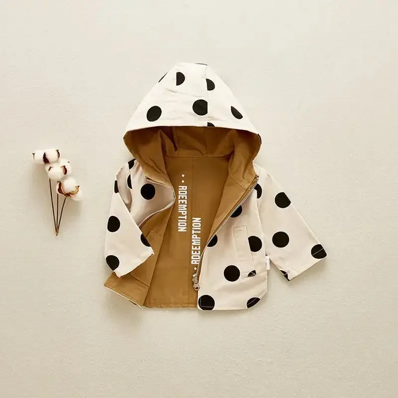 Autumn Kids Windbreaker Boys Hooded Jacket Girls Polka Dot Double-Sided Wear Coat Spring Children's Casual Overcoat 12M-5Y