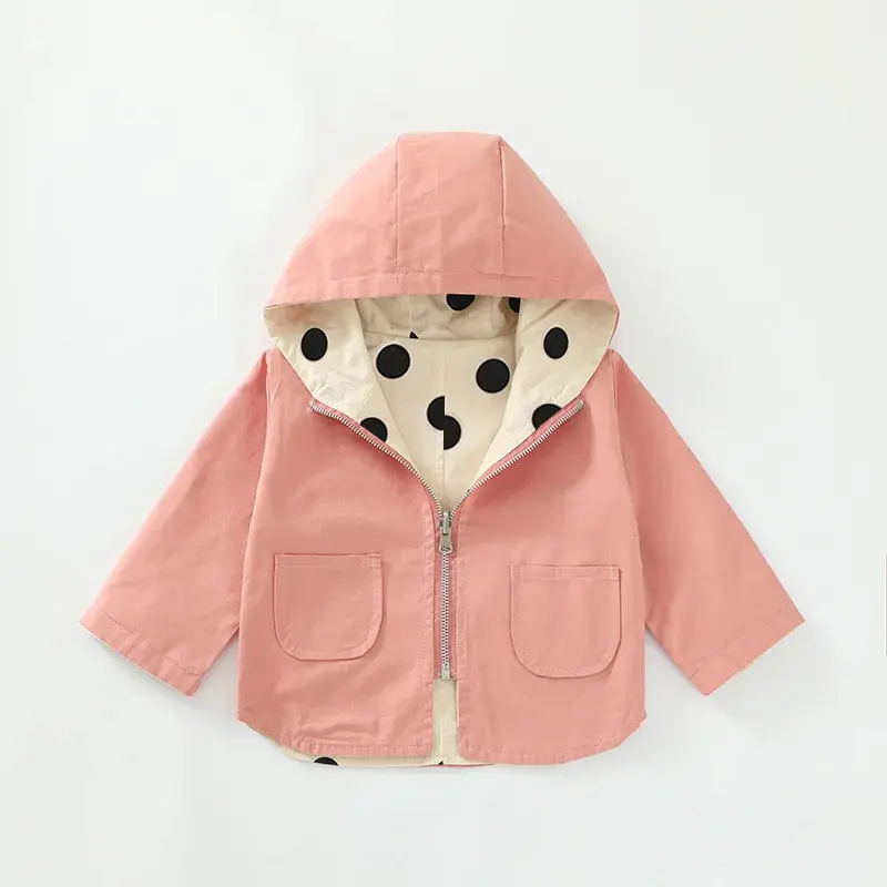 Autumn Kids Windbreaker Boys Hooded Jacket Girls Polka Dot Double-Sided Wear Coat Spring Children's Casual Overcoat 12M-5Y