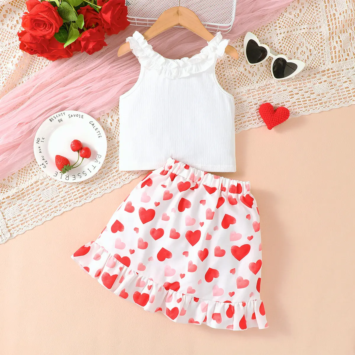 Kid Girls Summer Set Off Shoulder Bow Top Love the heart Printed Irregular Half Skirt Fashion Set Suitable for Girls Aged 4-7
