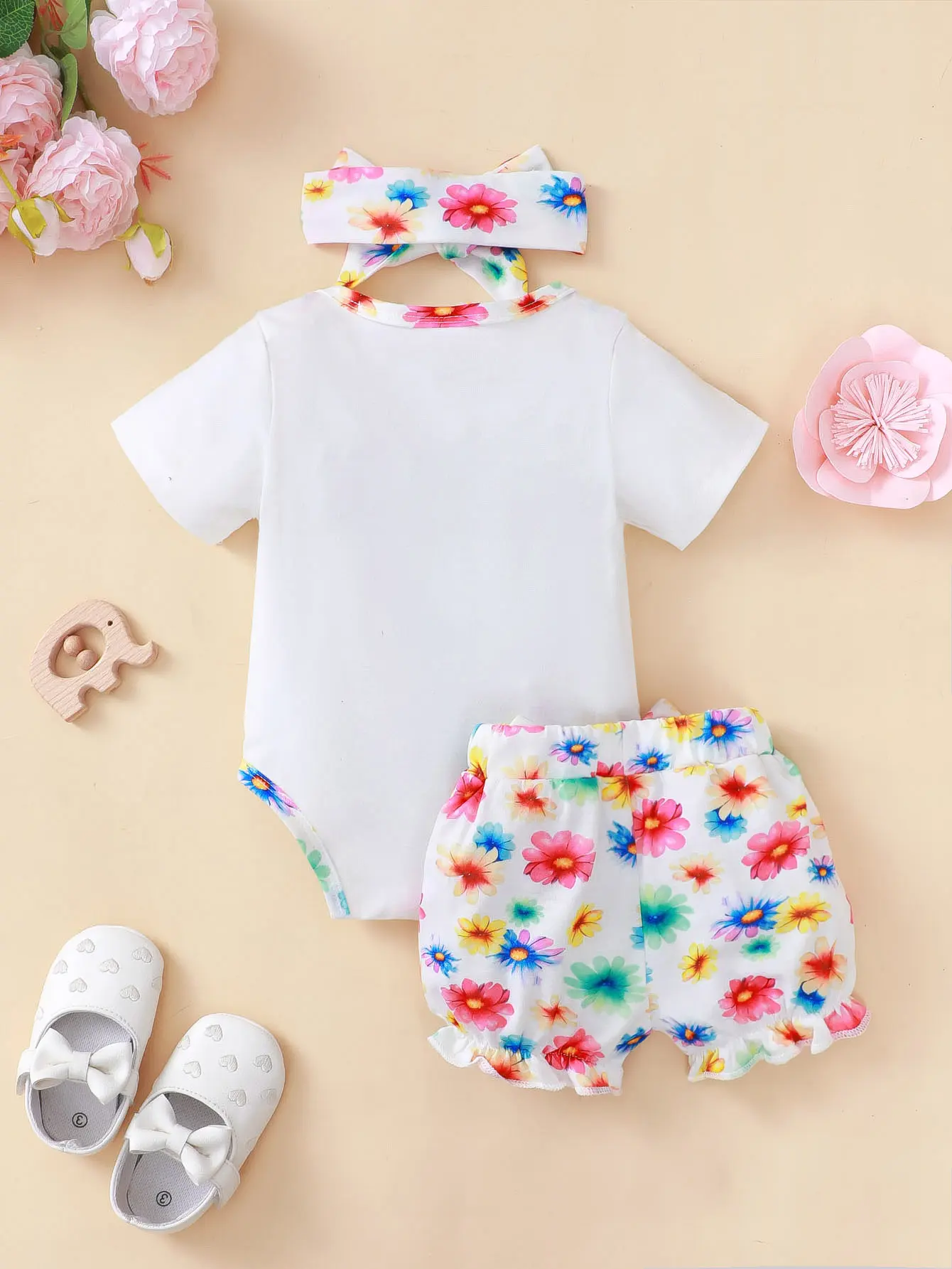 Children's clothing Girl Cartoon Cute Colored Elephant+Headband and Printed Shorts Suitable Babies Aged 0-2 Summer Fashion Set