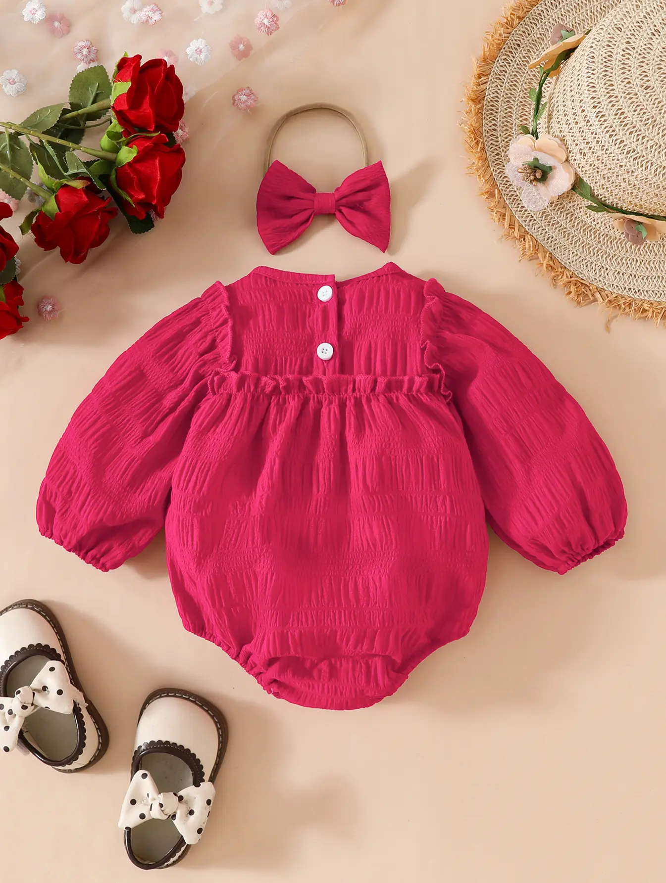 Newborn Baby girl Bodysuit Solid Color Pleated Long sleeved Jumpsuit 0-18 Months Baby Girl Spring and Autumn Crawling Suit