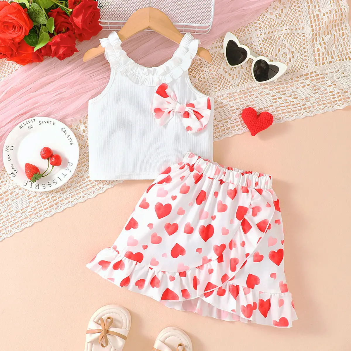 Kid Girls Summer Set Off Shoulder Bow Top Love the heart Printed Irregular Half Skirt Fashion Set Suitable for Girls Aged 4-7