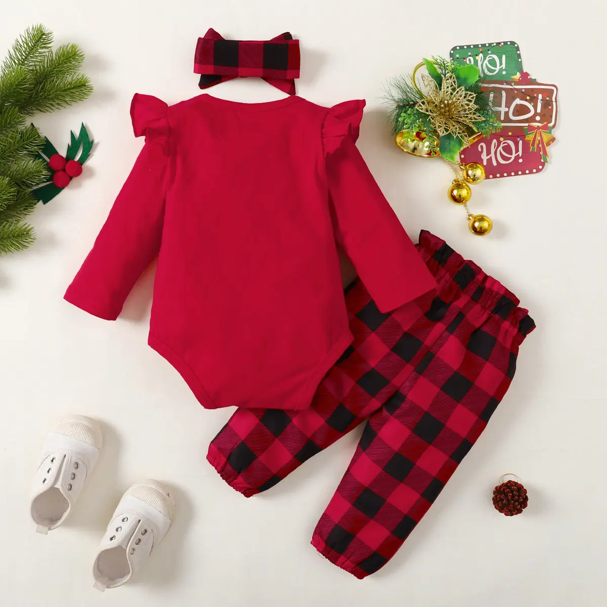 3PC Christmas Set Letter Printed Long sleeved Bodysuit  Bow Checkered Pants+ headband Suitable 0-18 Months Baby Girl Holiday Set