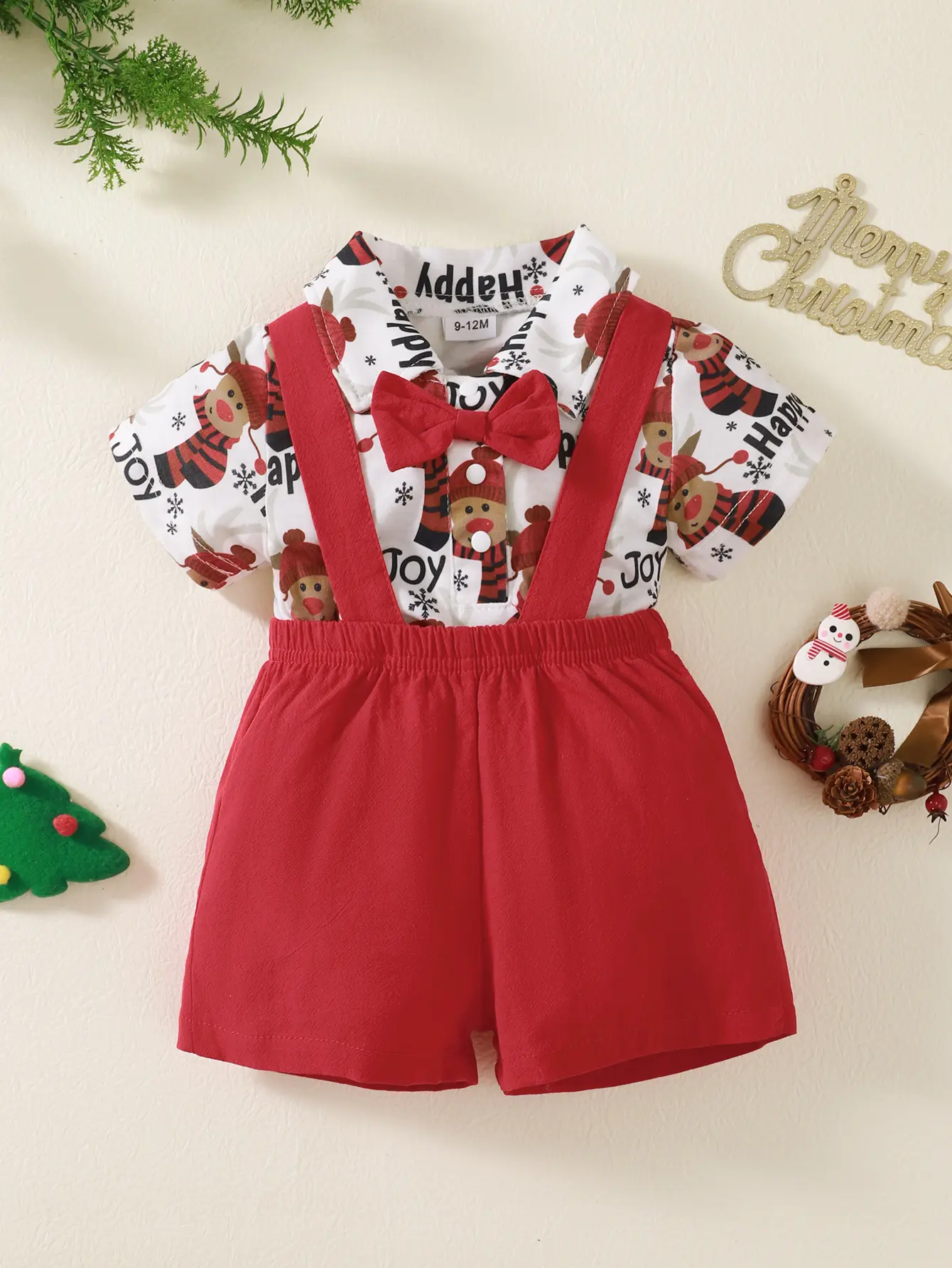 2pcsChildren's clothing Santa Claus Printed Short sleeved Bodysuit+Suspender Pants 0-12 Months Male baby Christmas Gentleman Set