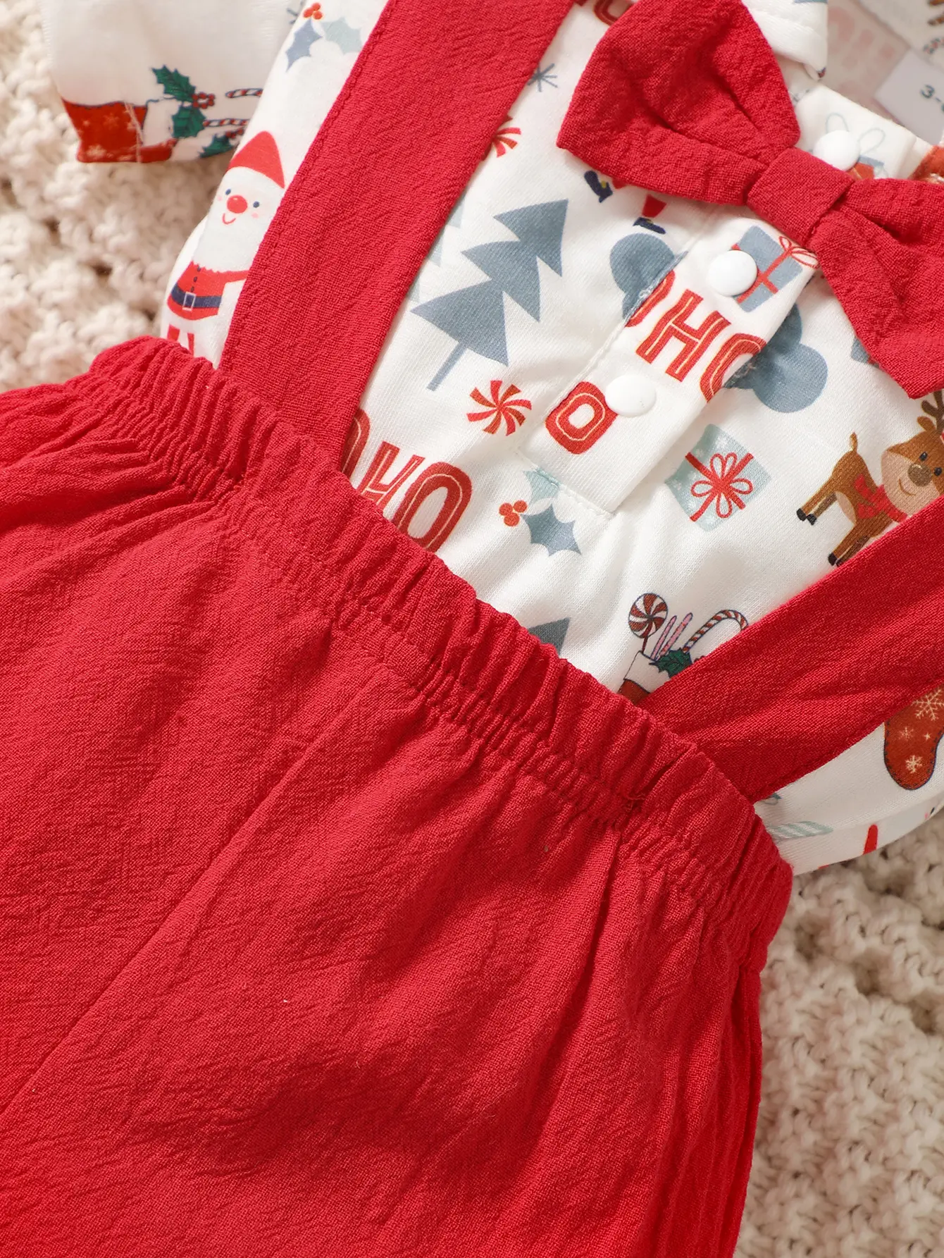 2pcsChildren's clothing Santa Claus Printed Short sleeved Bodysuit+Suspender Pants 0-12 Months Male baby Christmas Gentleman Set