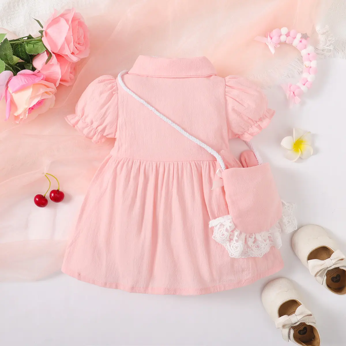 0-24 Months Baby Girl Dress Bubble Sleeve Solid color Dress+Lace Edge Small Bag 2Pcs/Set Toddler Baby girl Summer Dress