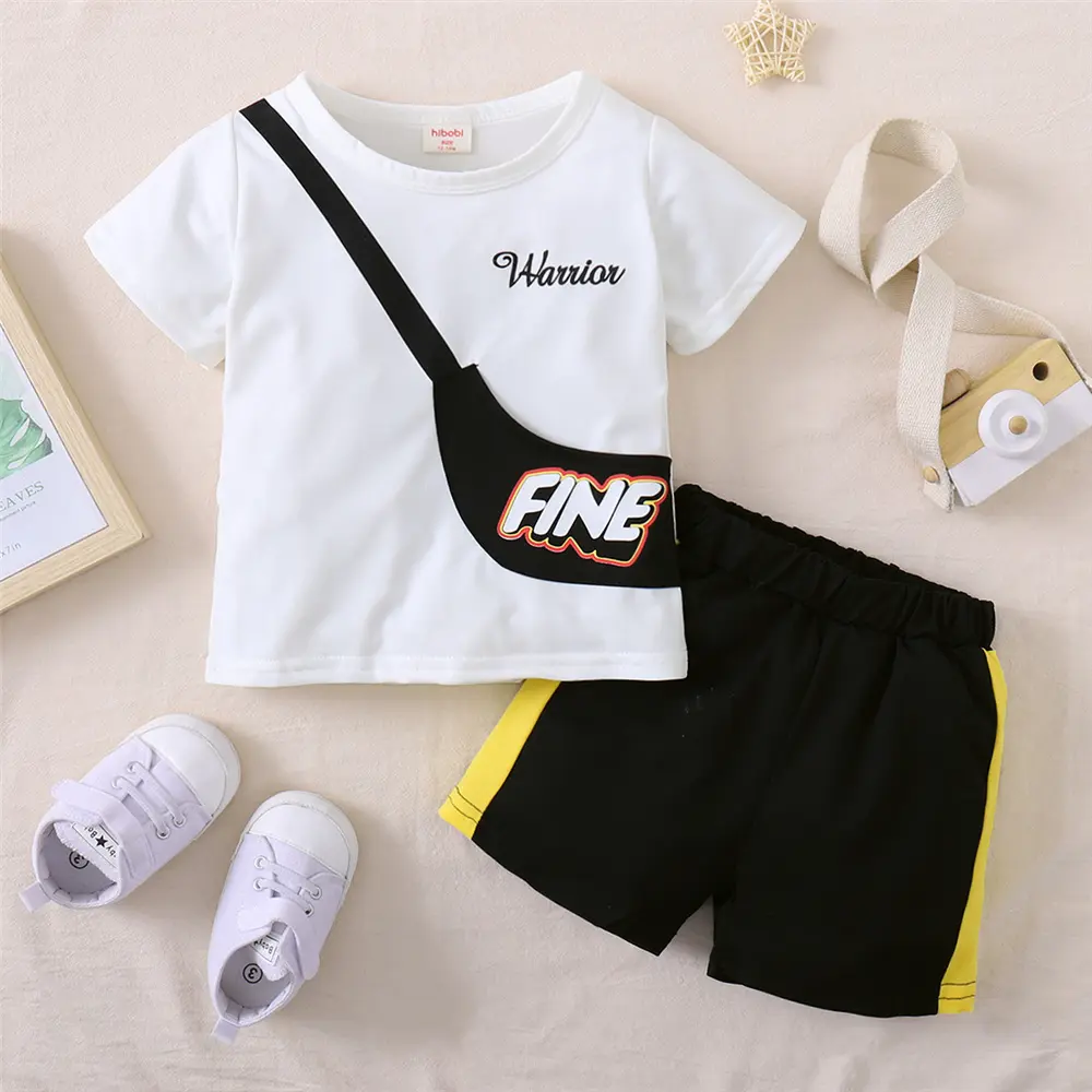 2PCS Summer Clothes Set Kid Boy Bag Print Short Sleeve Top+Color Block Shorts Fashion Daily Style Outfit for Child Boy 1-5 Years