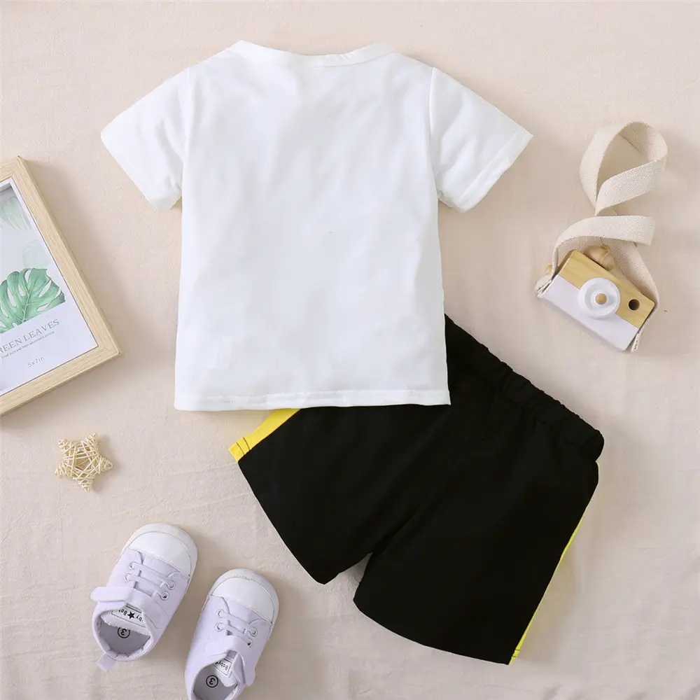 2PCS Summer Clothes Set Kid Boy Bag Print Short Sleeve Top+Color Block Shorts Fashion Daily Style Outfit for Child Boy 1-5 Years