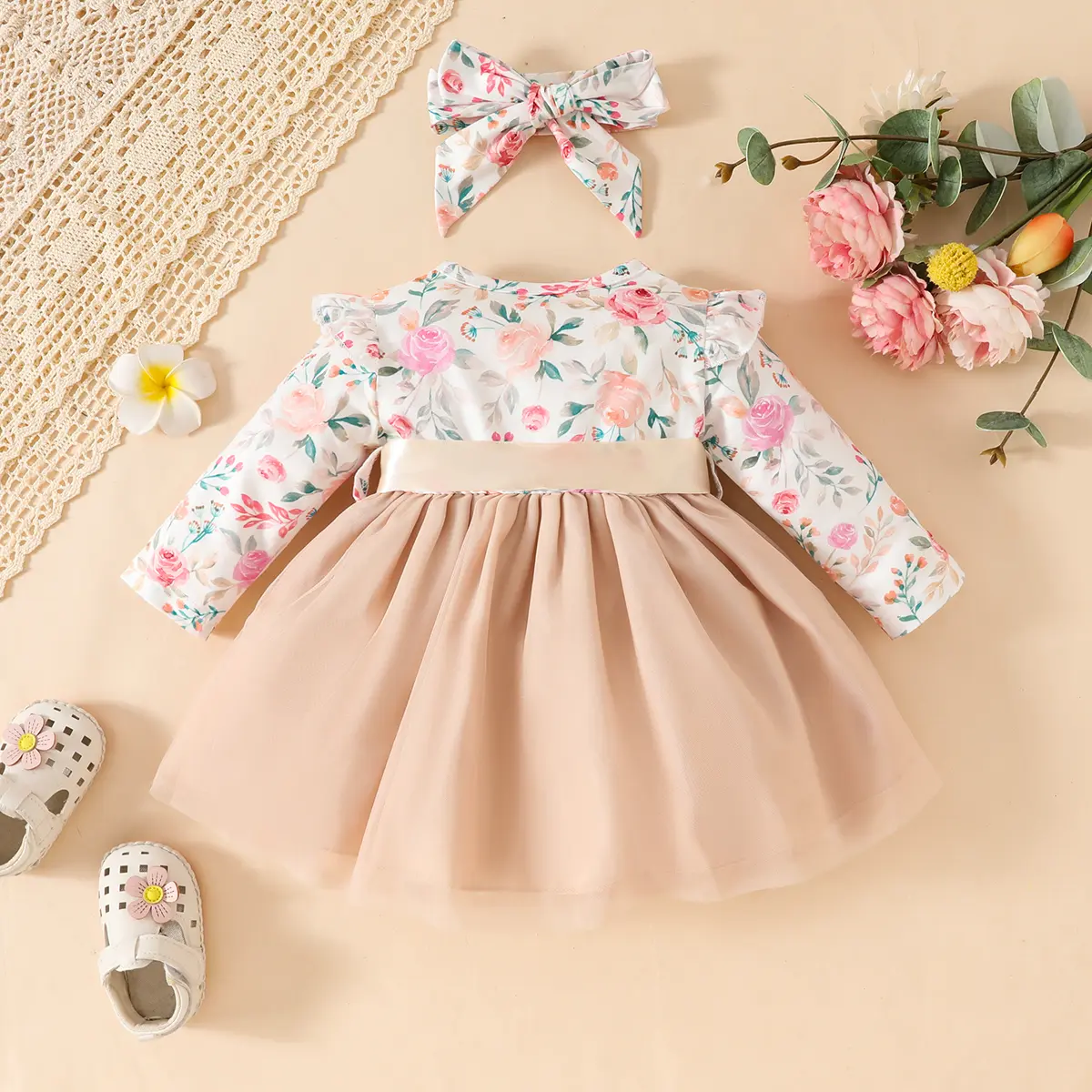 3Pcs Baby girl Princess Dress  Floral Chiffon Fashionable Dress+Headband+Belt for 0-24 Months Baby girl Spring and Autumn Dress