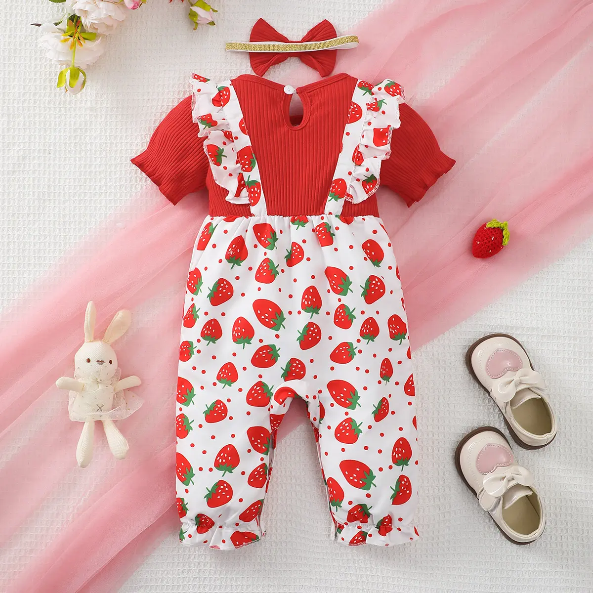 Summer Baby Girl Jumpsuit Strawberry Print and Butterfly Knot Splicing Bodysuit suitable for Newborns Baby girl 0-18 Months