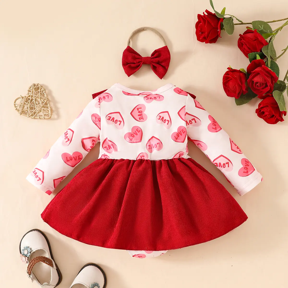 Baby girl autumn dress Love Print Red Ruffle Edge Fashionable Dress Butterfly Bow 2Pcs suitable for 0-18 Months old Baby Girls