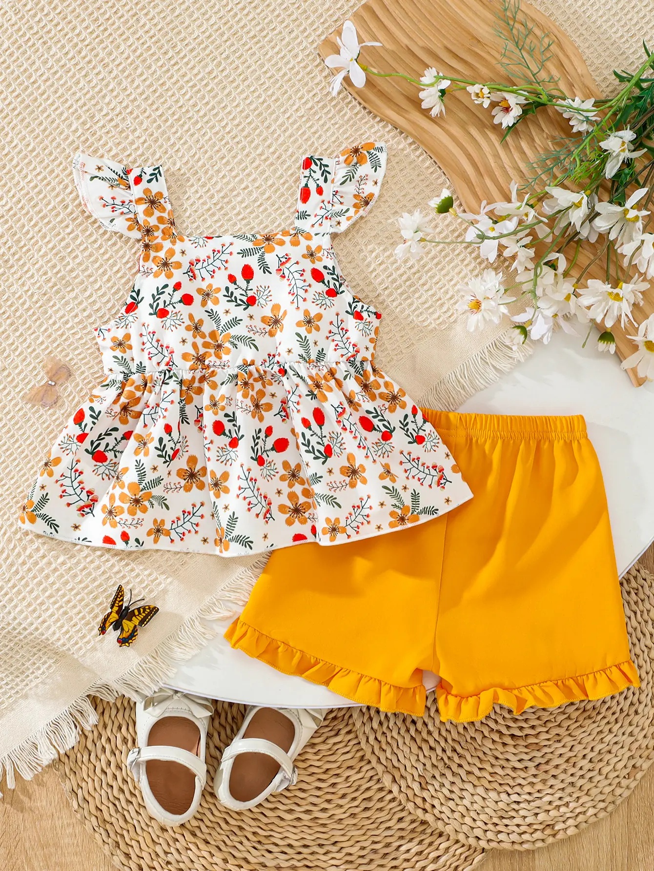 Children's Summer Girl Set Sleeveless Small Floral Bow Top+Ruffle Shorts Two-piece Set 0-3 Year old Baby Girl Fashion Sweet Set