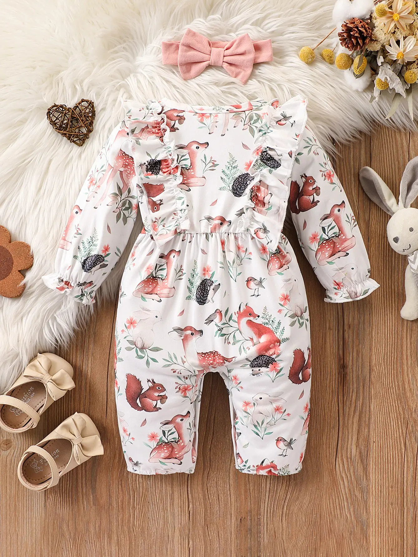 0-18 Months Newborn Baby Girl Jumpsuit Cute Cartoon Animal Print Jumpsuit+Headband 2Pcs Baby Girl spring Autumn Crawling Suit