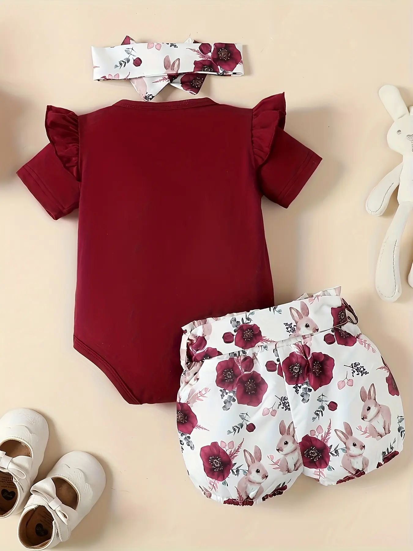 0-18 Months Newborn Baby girl Flying sleeve Cute Small Rabbit Jumpsuit+Rabbit Printed Shorts Set Baby girl Easter Costume