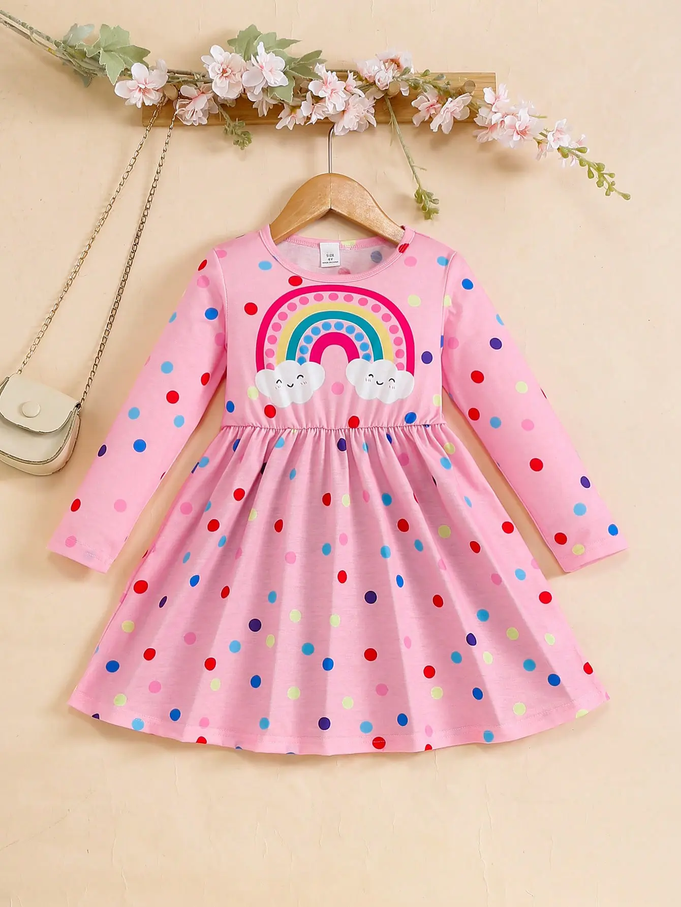 4-7 Year Children Girls Spring  Autumn Dress Rainbow Polka Dot Long sleeves Dress Girl  Fashionable Clothing
