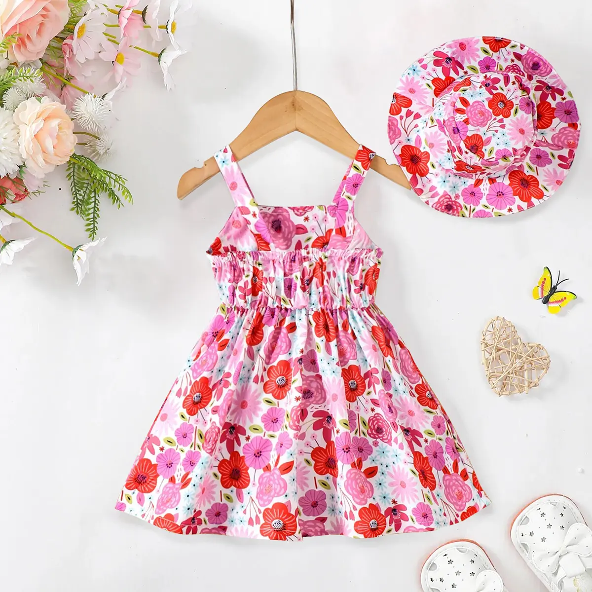 Baby Girl Summer Dress Strap Beautiful Printed Strap Dress+Hat Two Piece Set for 0-3 Year Old Baby Girl Beach Vacation Dress