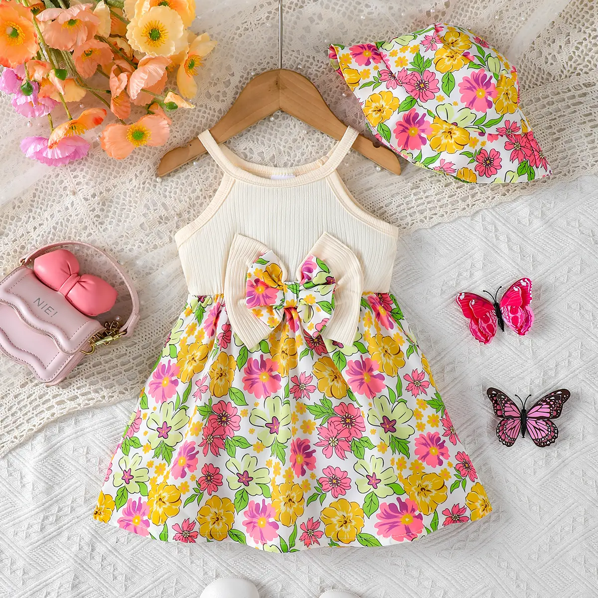 Baby girl Dress Bow Small Floral Sleeveless Dress+Hat 2-piece Set for 0-3 Years old Cute Baby Girl Summer Casual Dress