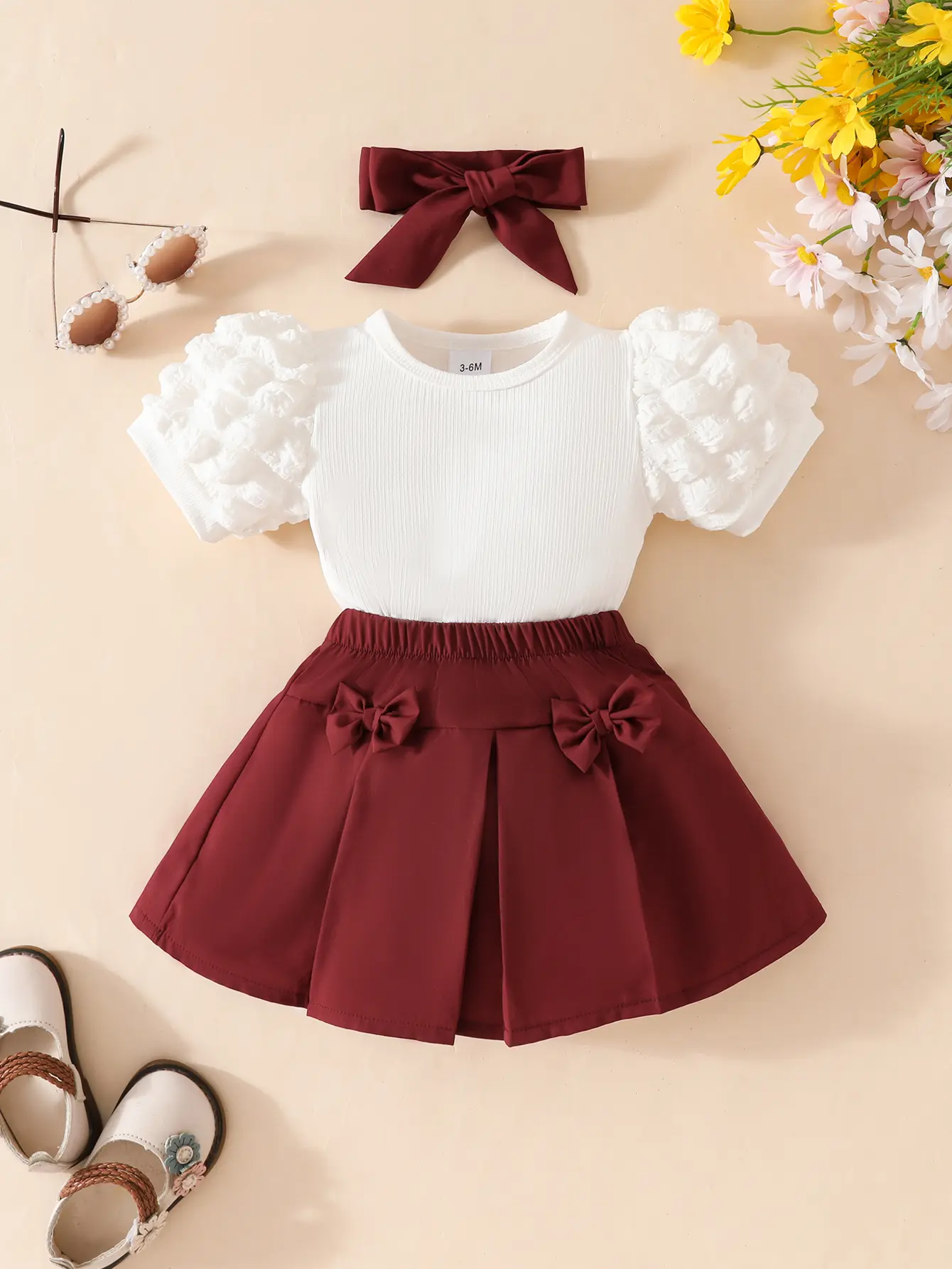 Summer Baby girl Set with Bubble Sleeves White Top, Bow Tie Skirt, Fashionable Set suitable for Female Babies aged 0-24 Months