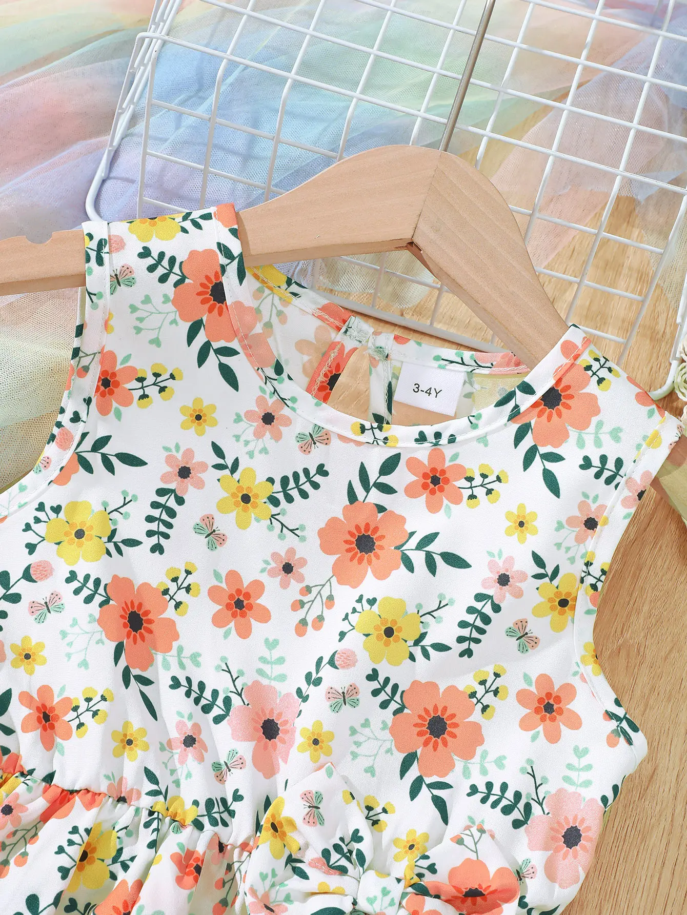 Children's clothing Girls' Summer Set Round Neck Small Floral Bow Sleeveless Top+Shorts 2Pcs/Set 4-7 Year Old Girls' Fashion Set