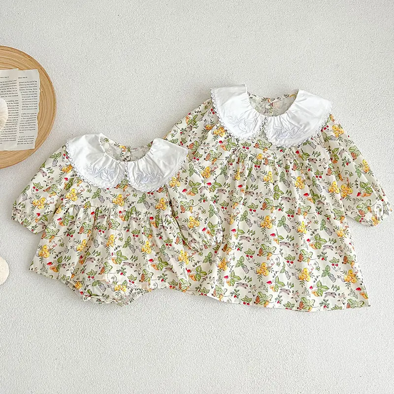 Spring Autumn Infant Kids Baby Girls Long Sleeve Doll Neck Print Sisters Dress Newborn Baby Girls Clothes Rompers