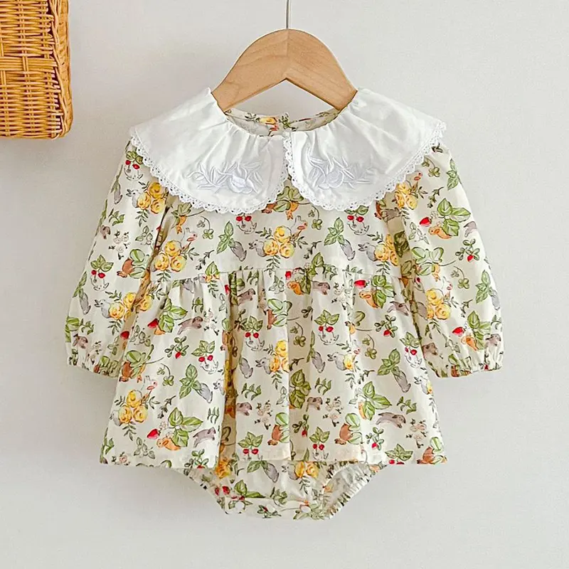 Spring Autumn Infant Kids Baby Girls Long Sleeve Doll Neck Print Sisters Dress Newborn Baby Girls Clothes Rompers